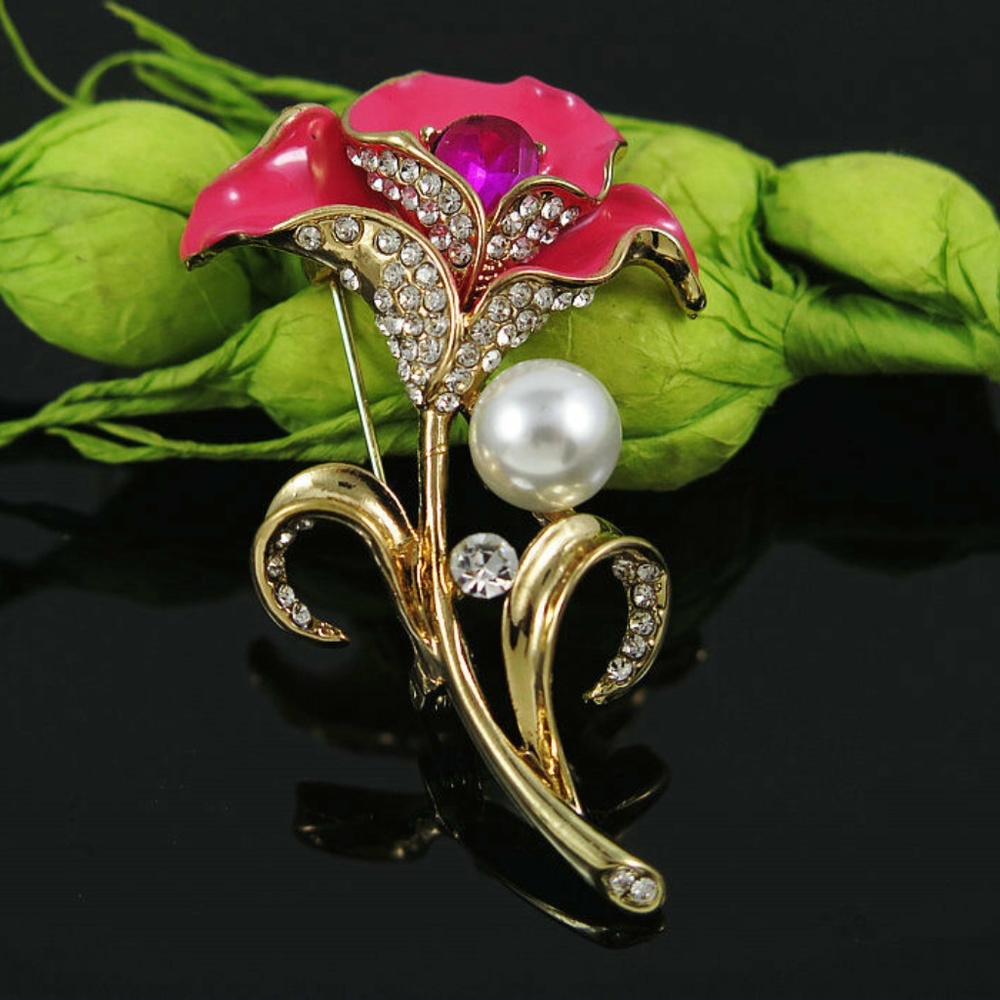 Pink Enamel/Rhinestone/Pearl Flower Brooch